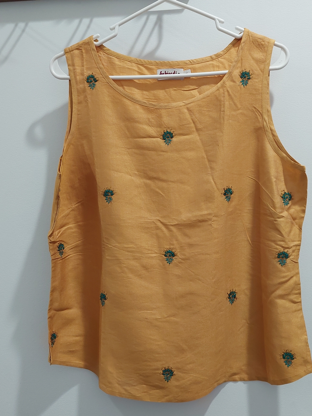 fabindia XL Mustard Sleeveless Embroidered Tank Top